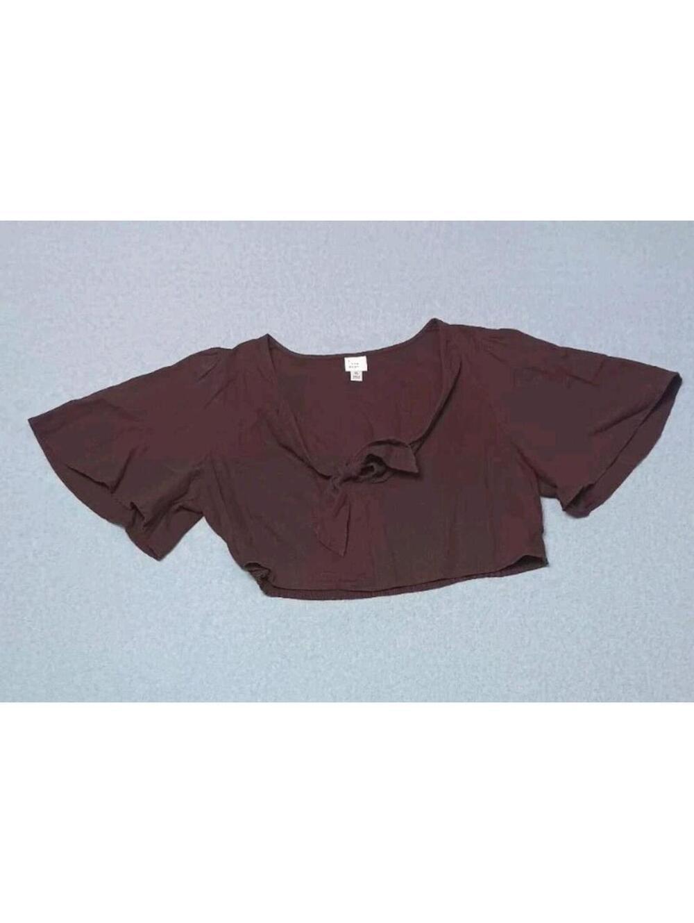 A New Day Linen Blend Cropped Flutter Sleeve Blouse Womens Size XL Chocolate...